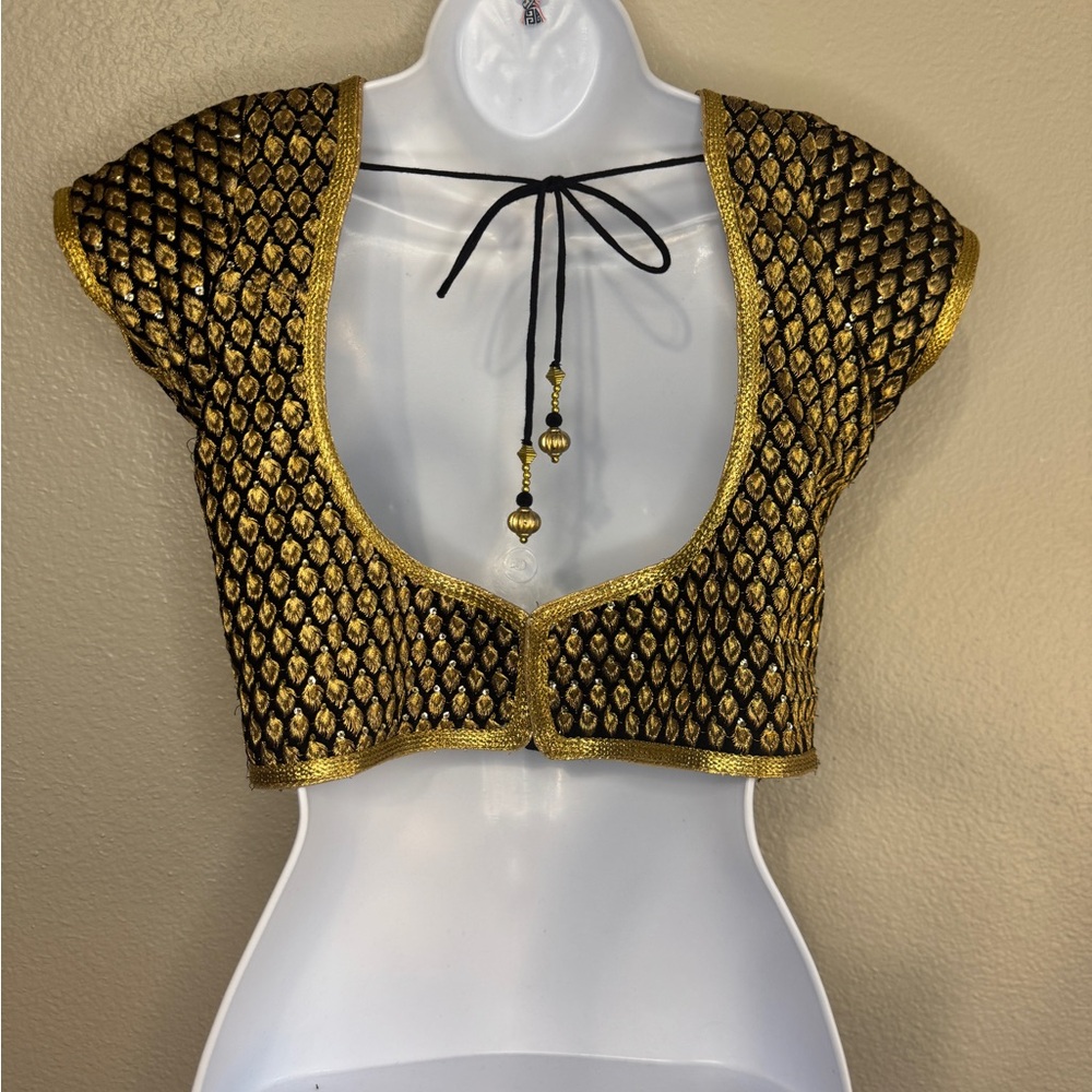 Gold Embroidered Indian Choli Blouse Black Beaded Festival Dance Crop Top M - Picture 4 of 7